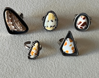 Sterling Silver Hawaiian Seashell Rings Vintage 70s One-of-a-Kind Handcrafted with Hawaiian Beach Shells