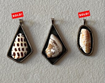 Sterling Silver Hawaiian Seashell Pendants Vintage 70s One-of-a-Kind Handcrafted with Hawaiian Cone Shells