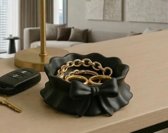 Bol organizador Coquette Bow, plato para joyas estético, soporte para joyas, bonito accesorio de tocador, organizador de escritorio, decoración minimalista para el hogar