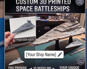 May include: A custom 3D printed space battleship model featuring a triangular hull design. The image displays the text CUSTOM 3D PRINTED SPACE BATTLESHIPS, YOUR SHIP PHOTO, [Your Ship Name], YOU PROVIDE PHOTO & NAME, 3D MODELING & PRINTING, and YOUR UNIQUE SPACE BATTLESHIP.