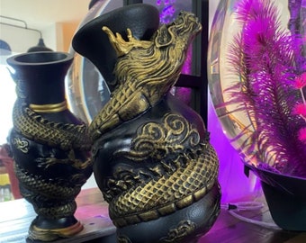 Gold Dragon Wrapped Indoor Black Vase, Unique Flower Pot, Dragon Home Decor