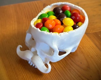 Skull With Mustache Halloween Candy Bowl, 3D Printed, Goth Gift, Halloween Decoration, Scary Party Decor, Candy Dish