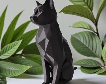 Gato elegante sentado de baja poligonalidad - Estatua de gato de baja poligonalidad