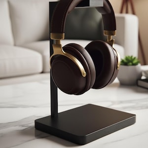 Puede incluir: Auriculares supraaurales marrones y dorados sobre un soporte negro. Los auriculares tienen un aspecto similar al cuero con detalles dorados. El soporte es rectangular con un soporte vertical.