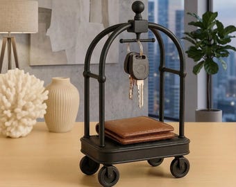 Carrito de equipaje miniatura del Hotel Coquette - Mueble para casa de muñecas con lazo rosa y dorado - Accesorio de escritorio - Decoración estética para estantes - Soporte para baratijas