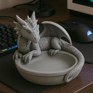 May include: A gray dragon-shaped trinket dish. The dragon is sculpted with detailed scales, wings, and horns, and is curled around a circular dish. The dish is made of a similar gray material and sits on a wooden surface.