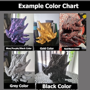 Puede incluir: Carta de colores que muestra cinco colores diferentes de un sujetalibros de drag&oacute;n. Los colores son azul/morado/negro, dorado, rojo/negro, gris y negro.