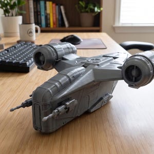 May include: A grey plastic model of a spaceship featuring two large cylindrical engines on the sides, a central cockpit section, and two forward-facing cannons. The structure displays detailed panelling and mechanical components across its surface.