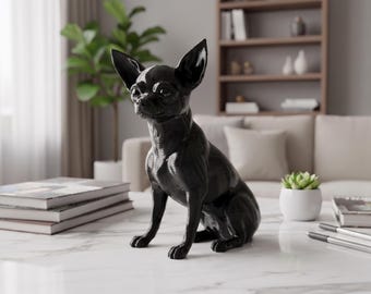 May include: A glossy black figurine of a Chihuahua dog in a seated position. The sculpture features pointed ears, large eyes, and a smooth, reflective surface that captures light, showcasing the detailed anatomical form of the small canine breed.