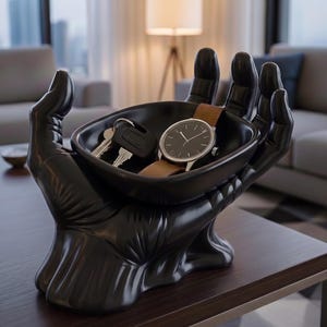 Puede incluir: Un cuenco escultural negro mate con forma de manos ahuecadas. El cuenco contiene un reloj de pulsera plateado con correa de cuero color canela y un juego de llaves de metal. La escultura presenta contornos detallados de dedos y palmas.