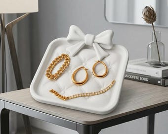 Bandeja para joyas Coquette Bow, organizador de tocador estético, bandeja para baratijas acolchada, decoración de dormitorio femenino, lindo soporte para anillos, regalo para ella.