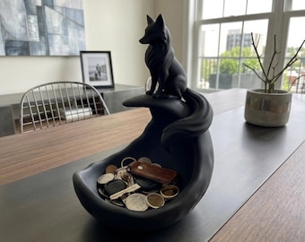 Bandeja Luna Zorro Celestial - Plato para joyas con forma de luna creciente - Escultura de zorro - Organizador de llaves y monedas - Decoración de escritorio de fábula