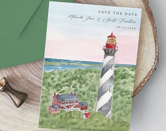 St Augustine save the date, beach wedding template, watercolor save the date, St Augustine lighthouse invitation, save the date template