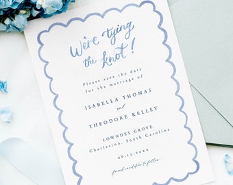 Blue scalloped border and gingham save the date, wavy blue watercolor invite, tying the knot, editable wedding invitation TEMPLATE