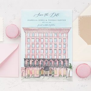 Plantilla de invitación de boda en Charleston, invitación de boda en Charleston, pintura de acuarela para el lugar, invitación de boda en Charleston, ilustración de hotel rosa