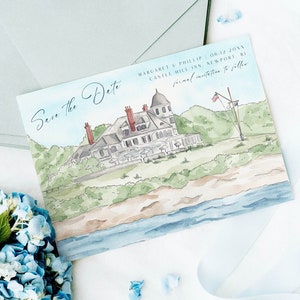 Castle Hill Newport save the date, Newport wedding invite template, watercolor venue painting, Rhode Island wedding invite, coastal wedding