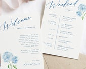 Blue hydrangea wedding welcome letter and timeline card, watercolor floral itinerary card, printable event card, timeline card TEMPLATE