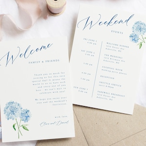Blue hydrangea wedding welcome letter and timeline card, watercolor floral itinerary card, printable event card, timeline card TEMPLATE