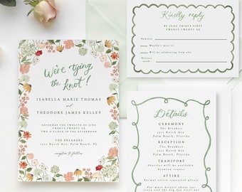 Blush floral invite template, pink wildflower invitation, secret garden wedding, watercolor scalloped border, whimsical bow, sage green