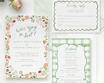 Blush floral wedding invitation template, green gingham wedding invite, wildflower invitation, secret garden, watercolor scalloped border