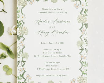 White hydrangea rehearsal dinner invite, watercolor floral wedding invitation, white flower wedding stationery, neutral wedding TEMPLATE