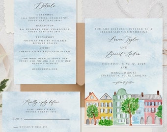 Charleston wedding invitation template, Rainbow Row invitation, custom invitation template, Charleston invite suite, watercolor city invite