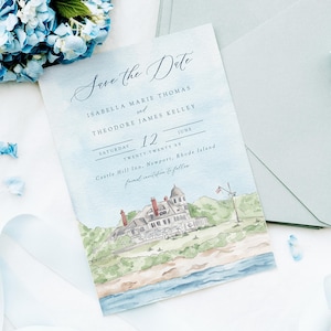 Castle Hill Inn save the date template, Newport wedding invite template, Rhode Island wedding venue painting, coastal wedding save the date