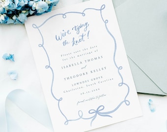 Blue wavy save the date template, bow wedding invite, watercolor ribbon and gingham, tying the knot, editable invitation, grandmillennial