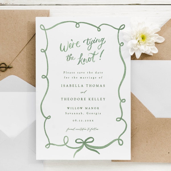 Tying the knot bow save the date template, wavy green border wedding invite, watercolor editable invitation, whimsical ribbon loops invite