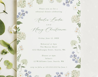 Blue and white floral rehearsal dinner invite, watercolor dusty blue floral wedding invitation, french blue flower dinner invite TEMPLATE