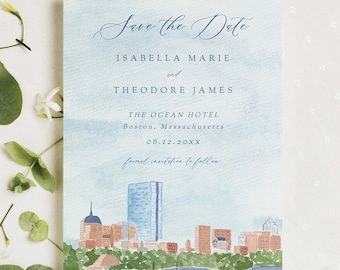 Boston Skyline speichern die Datumsvorlage, Aquarell Boston speichern das Datum, druckbare speichern das Datum, Hochzeitseinladung bearbeitbare Vorlage