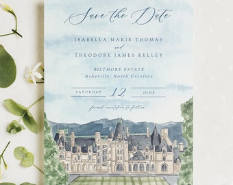 Printable Biltmore Estate save the date, watercolor save the date template, personalized wedding invite, Asheville North Carolina wedding