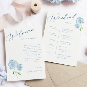 Blauwe hortensia bruiloft welkomstbrief en tijdlijnkaart, aquarel bloemen routekaart, afdrukbare evenementkaart, tijdlijnkaartsjabloon