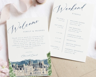 Biltmore wedding welcome letter and timeline template, Biltmore Estate wedding itinerary card, printable event card, timeline card TEMPLATE