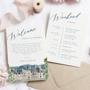 Plantilla de carta de bienvenida y cronograma para bodas en Biltmore, tarjeta de itinerario de bodas en Biltmore Estate, tarjeta de evento imprimible, plantilla de tarjeta de cronograma
