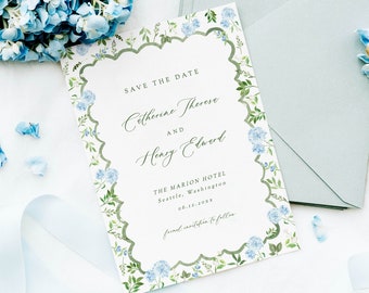 Blue hydrangea save the date template, floral watercolor wedding invite, hydrangea wedding invitation template, light blue, grandmillennial