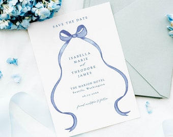 Blue bow save the date, french blue wedding invitation template, grandmillennial save the date template, watercolor ribbon invite TEMPLATE