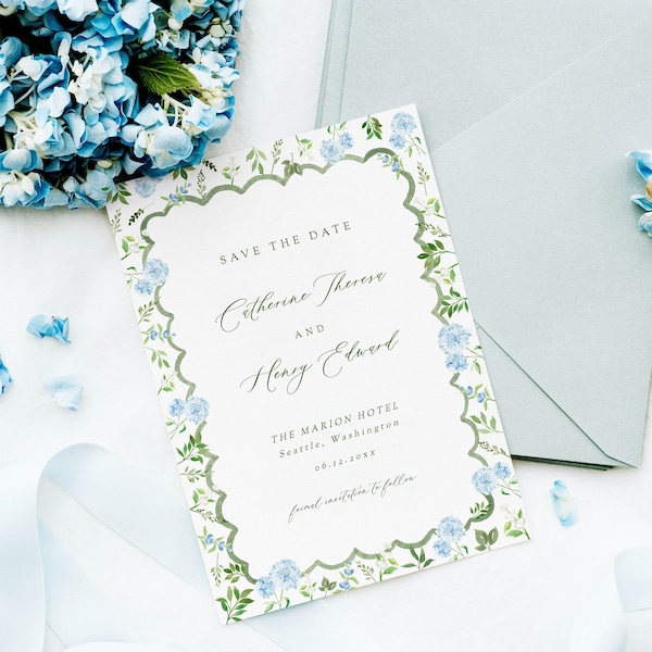 Blue hydrangea save the date template, floral watercolor wedding invite, hydrangea wedding invitation template, light blue, grandmillennial