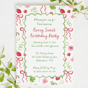 Berry sweet strawberry birthday party invitation, printable kids birthday invite, watercolor floral invitation, editable invite template