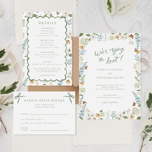 Wildflower wedding invitation TEMPLATE, watercolor flower and butterfly wedding invite, floral summer wedding invite, botanical invite suite