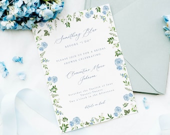 Blue floral bridal shower invite, something blue bridal shower invitation, blue hydrangea invite, watercolor flower editable invite TEMPLATE