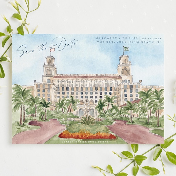 The Breakers Palm Beach save the date template, tropical wedding, watercolor palm trees, Florida wedding venue portrait, coastal wedding