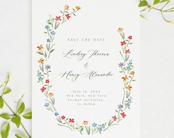 Watercolor wildflower save the date template, dainty botanical wildflower save the date, dainty floral, rainbow floral invite template