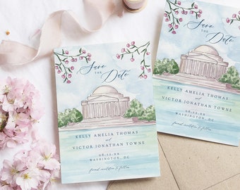 Jefferson Memorial guarde la fecha, flor de cerezo de Washington DC guarde la plantilla de fecha, boda guarde la fecha, invitación personalizada PLANTILLA