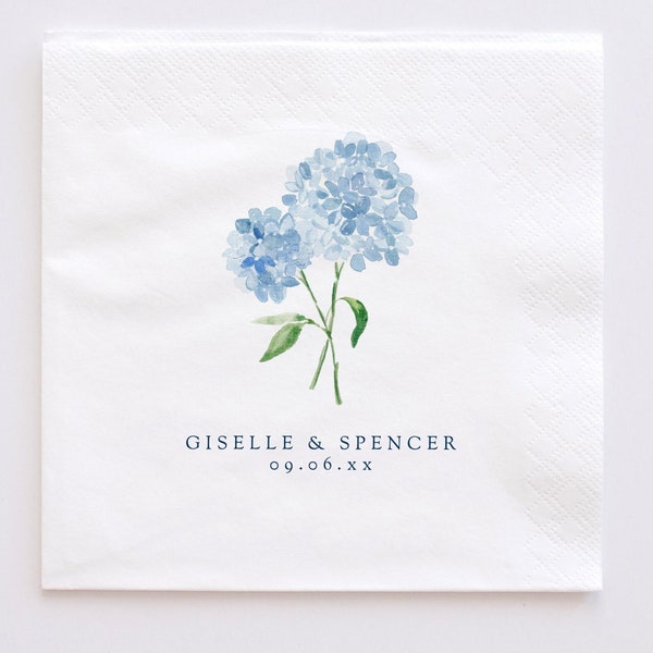 Floral cocktail napkin TEMPLATE, blue hydrangea wedding napkin, personalized napkin template, editable template, botanical cocktail napkin