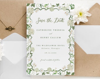 White hydrangea save the date template with green scalloped border and watercolor calligraphy, cream floral and greenery wedding invitation