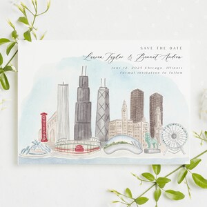 May include: Watercolor save-the-date card featuring a Chicago skyline illustration. The card includes the names Leven Teglor & Bennet Naber, the date June 12, 2025, and the city of Chicago, Illinois. The card is decorated with white flowers and green leaves.