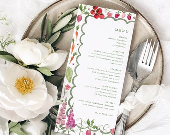 Vegetable and flower wedding menu, colorful wedding dinner menu, botanical illustration menu, hand drawn watercolor floral menu TEMPLATE