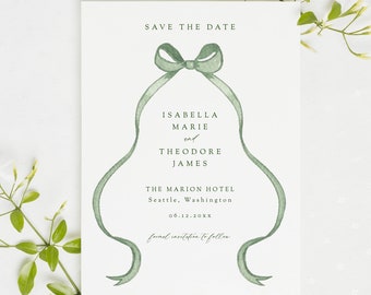 Green bow save the date, green wedding invitation template, grandmillennial save the date template, watercolor ribbon save the date TEMPLATE