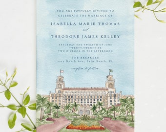 The Breakers wedding invitation template, Palm Beach Florida personalized invite, watercolor tropical palm trees, marriage announcement